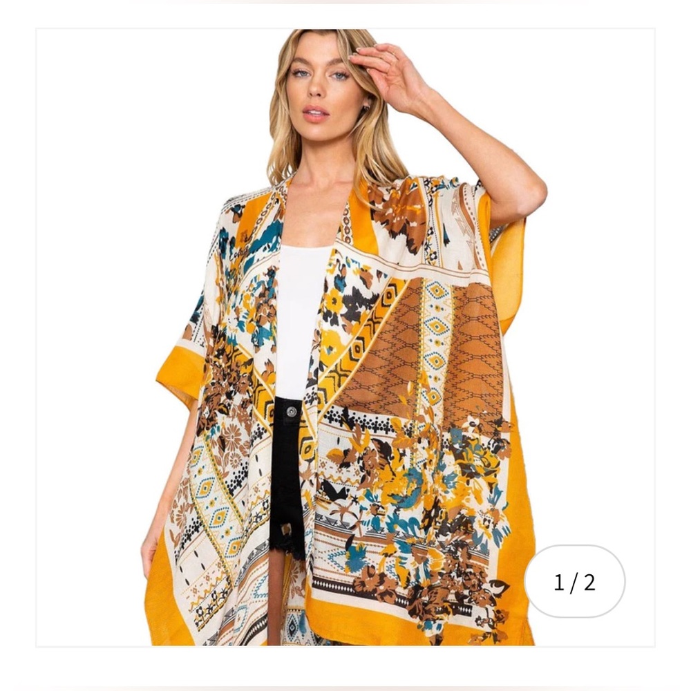 Woven Heart GOLD BLUE BROWN KIMONO W/ TASSELS